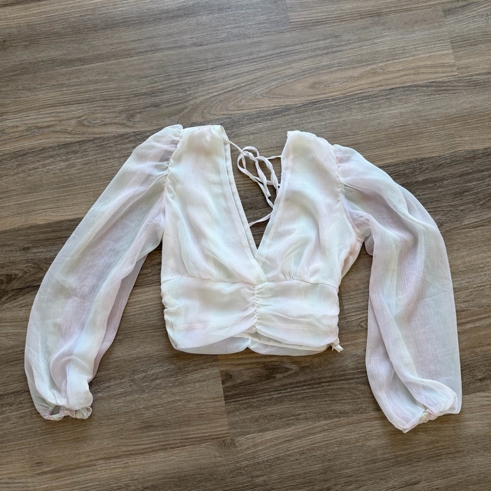 Forever 21 Sheer White Blouse with Puff Sleeves